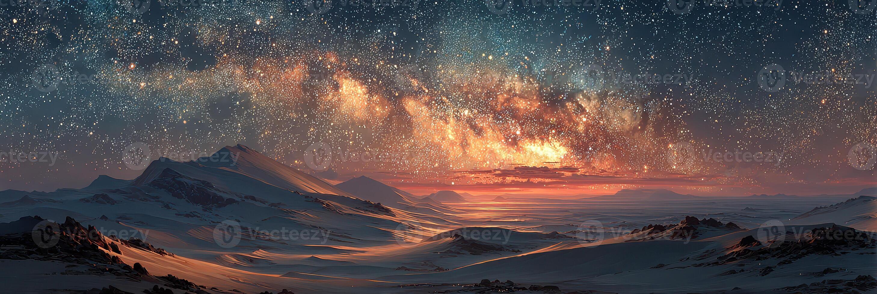 Stunning night sky view over tranquil snowy mountains illuminated by the vibrant Milky Way photo