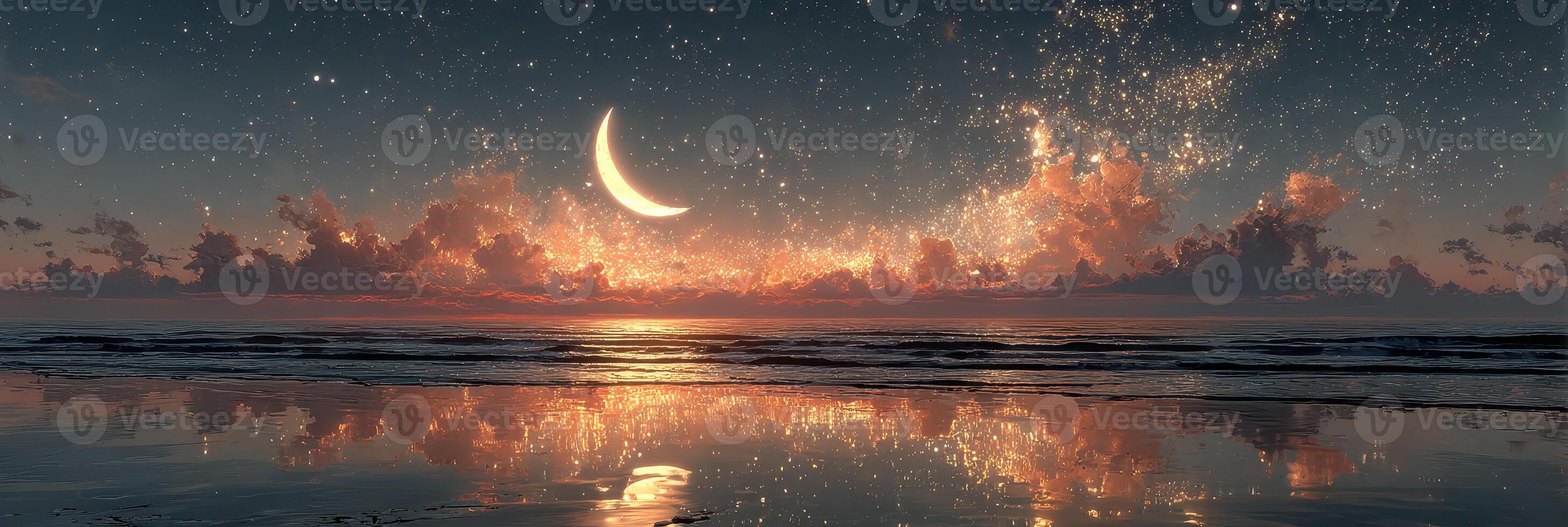 Stunning twilight over ocean with crescent moon reflecting on water and starry sky in tranquil setting photo