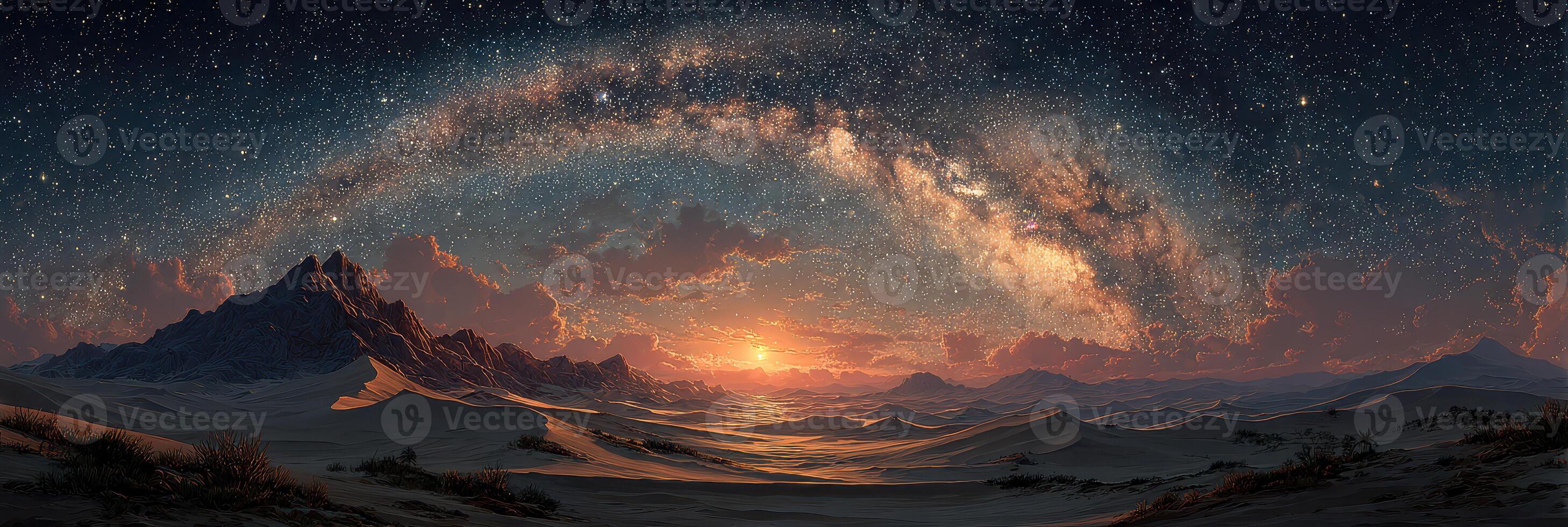 Vast desert landscape illuminated by a starry night and a stunning view of the Milky Way arching over the horizon at sunset photo