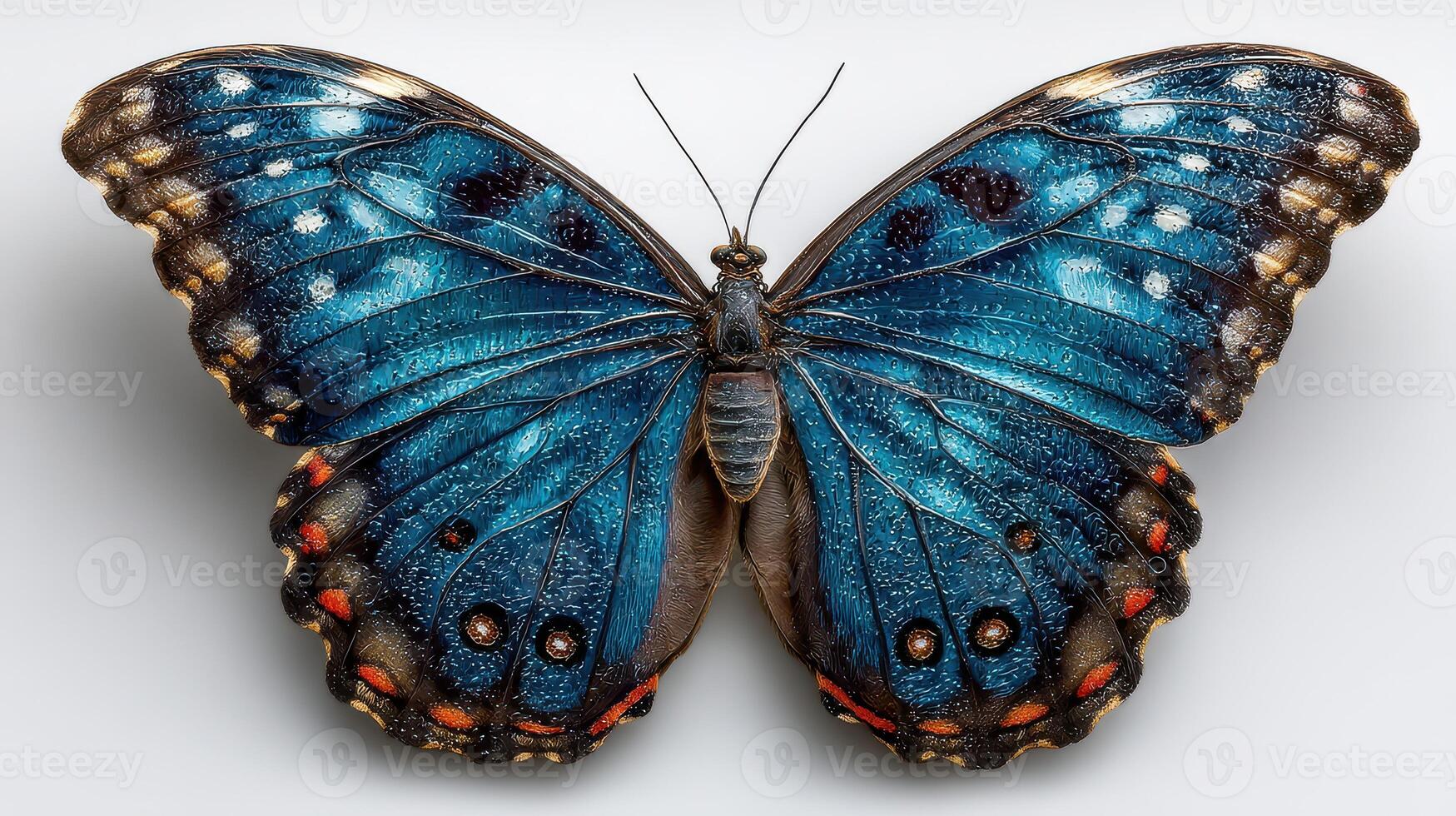 Vibrant blue butterfly displaying intricate wing patterns on a plain background in a natural light setting photo