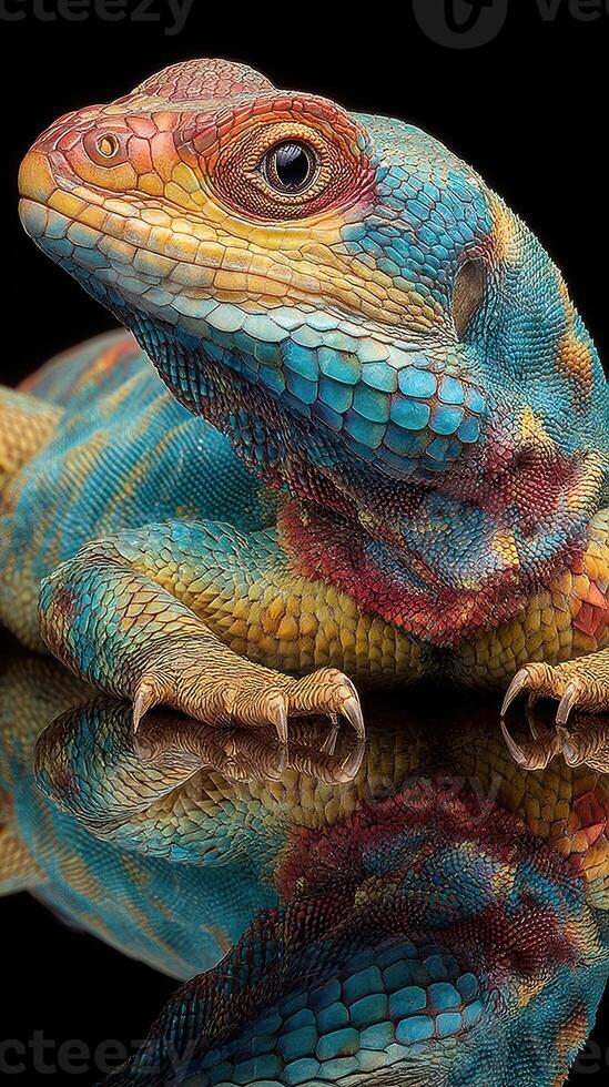 Colorful lizard displaying vibrant hues and intricate patterns on glossy surface in bright lighting photo