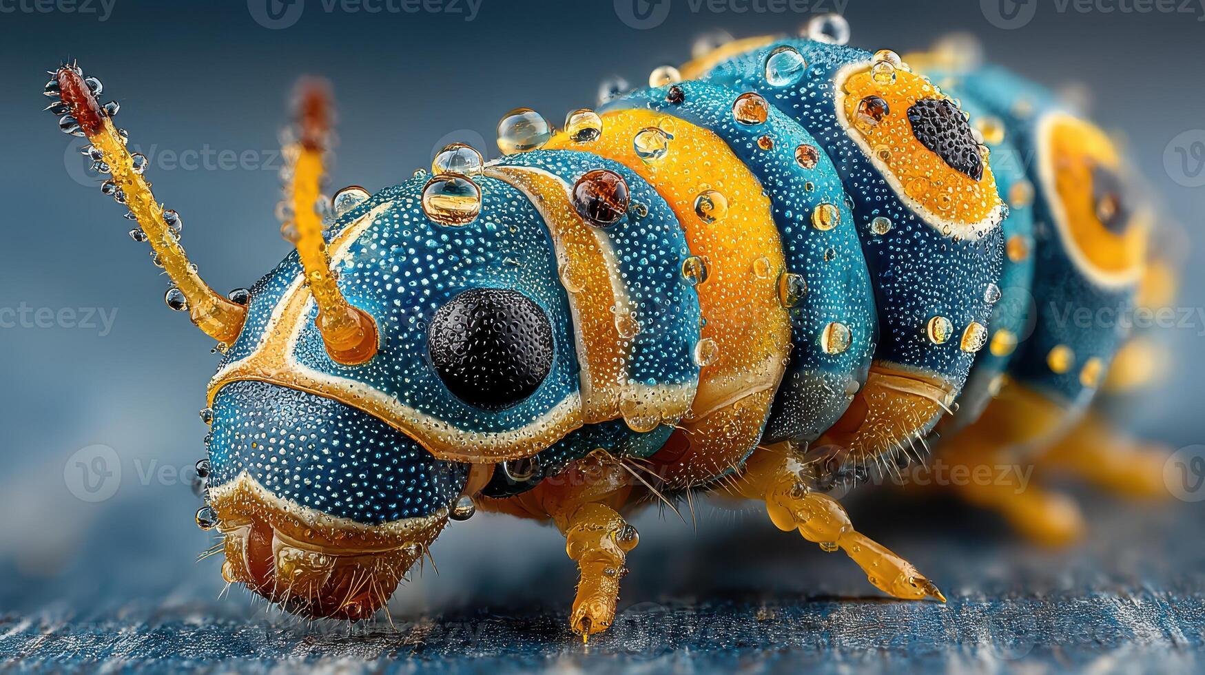 Colorful caterpillar with water droplets resting on a textured surface in natural light during daytime photo