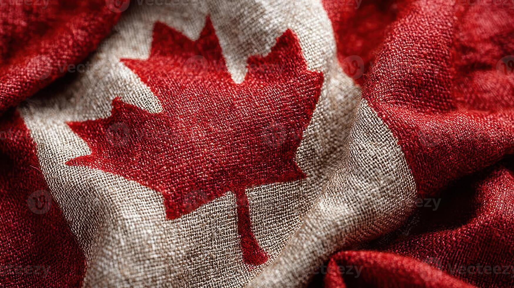 Canadian flag displayed prominently with bold colors and intricate textures at a cultural event during a sunny afternoon photo