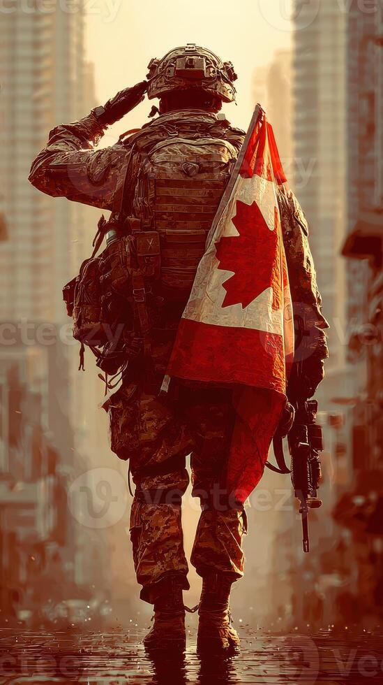 Soldier salutes while holding Canadian flag in urban environment during sunset photo