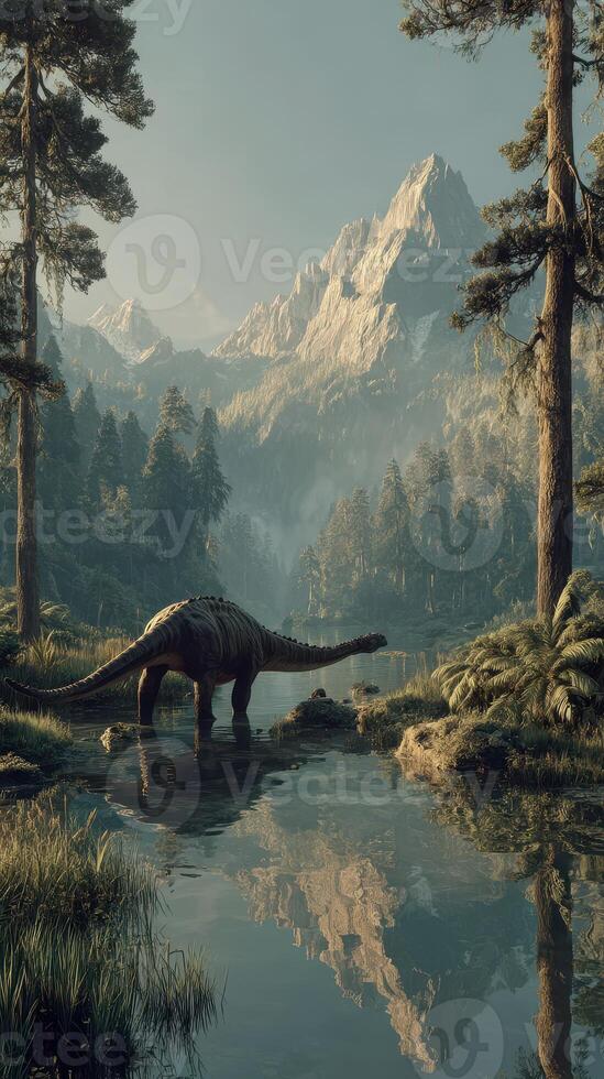 Majestic dinosaur grazing near a tranquil lake in a prehistoric valley surrounded by towering mountains at dawn photo