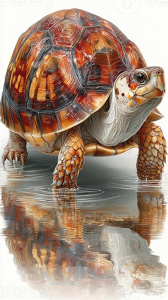 Turtle exploring shallow water with reflections during a sunny afternoon in a tranquil natural habitat photo