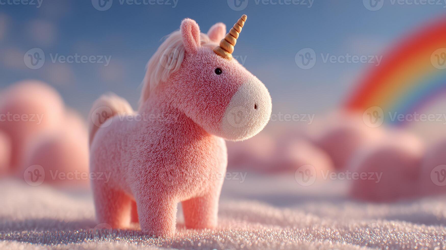 Colorful unicorn standing on soft clouds beneath a bright rainbow in a whimsical landscape at sunset photo