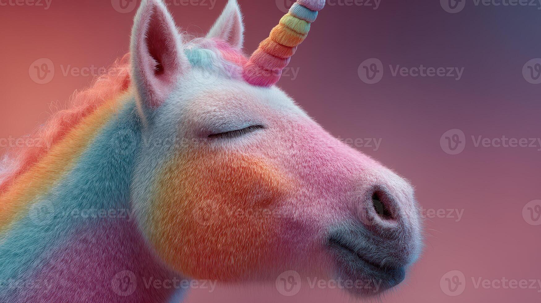 Colorful unicorn with rainbow mane resting against a vibrant background at sunset photo