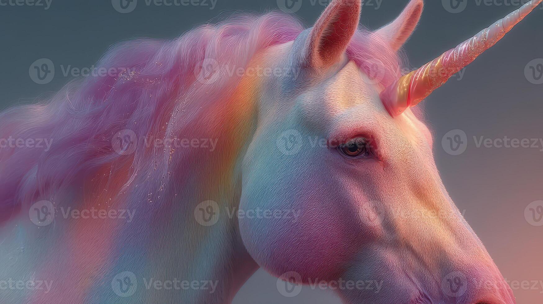 Colorful unicorn with flowing mane and glowing horn in a dreamy landscape during twilight photo