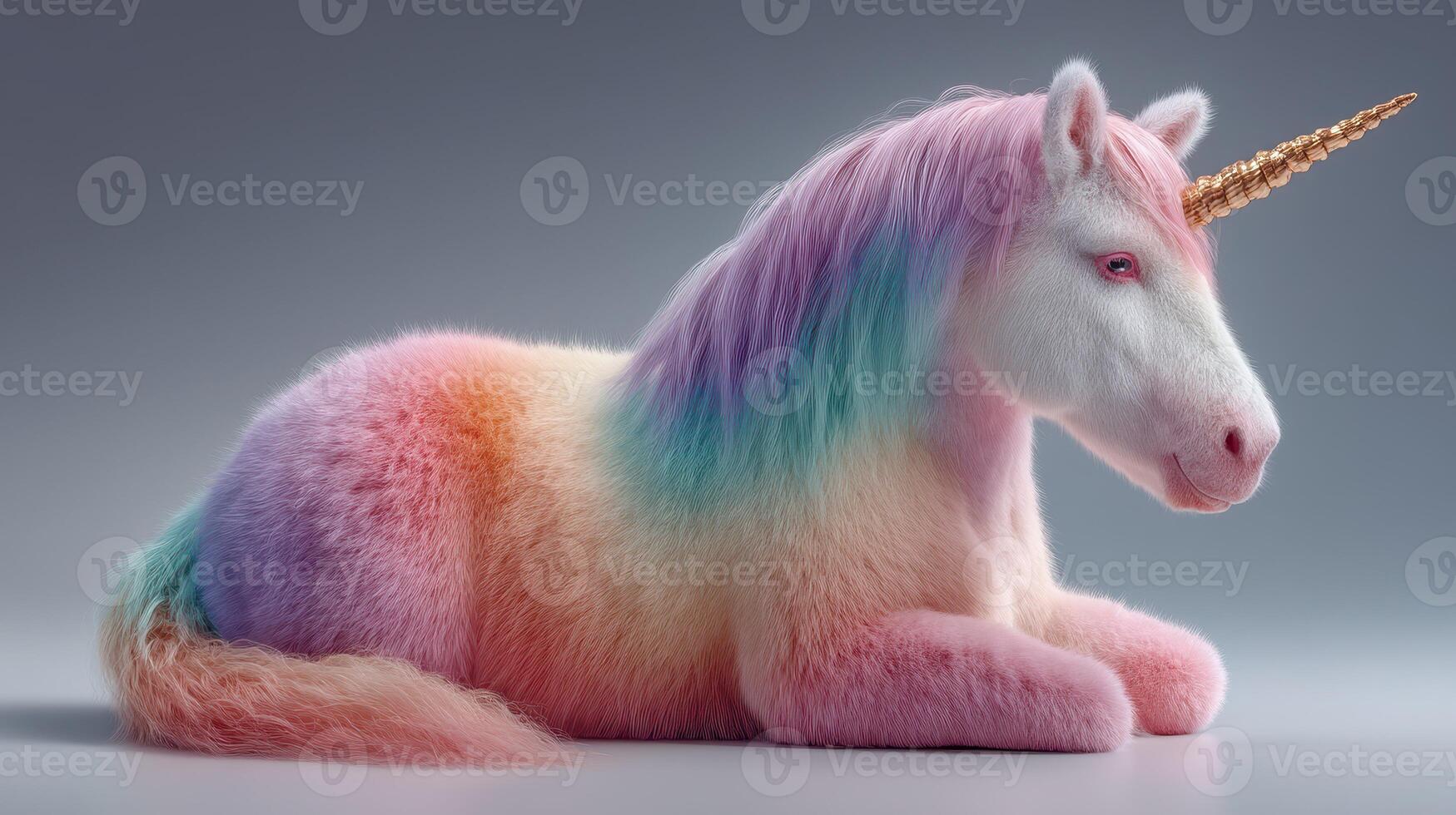 Cute pastel unicorn plush toy with sparkling horn resting on a smooth surface in a well-lit setting photo