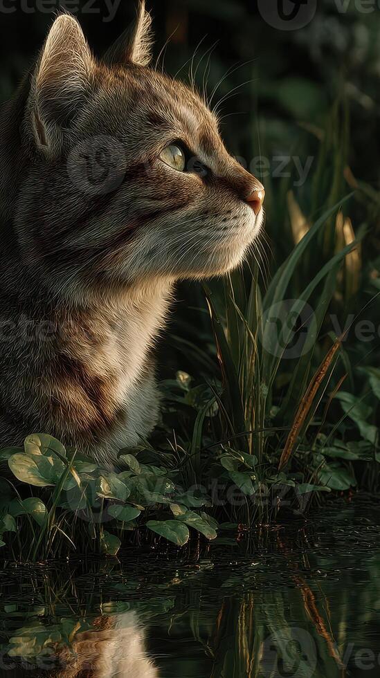 Wild cat observed near the water in a lush green environment during golden hour photo