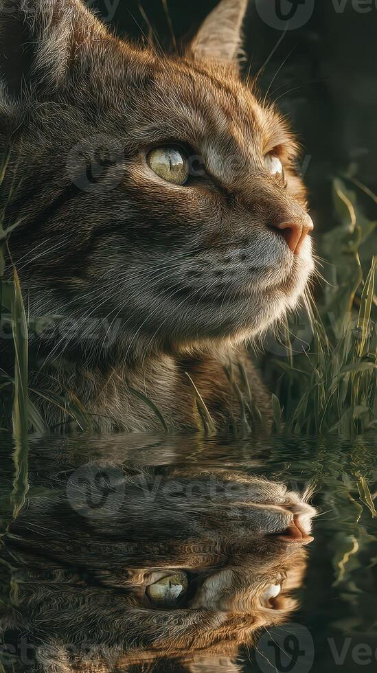 Cat gazes thoughtfully at its reflection in calm water surrounded by green grass during golden hour photo