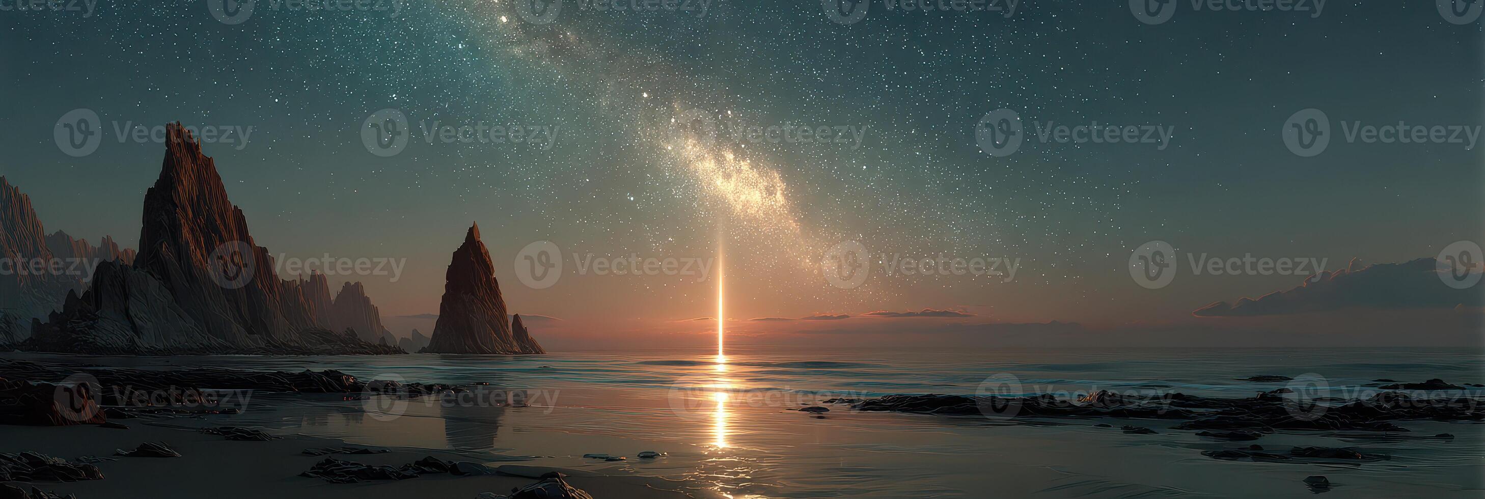 Twinkling stars illuminate a serene seascape during twilight with a galaxy reflection in calm waters photo