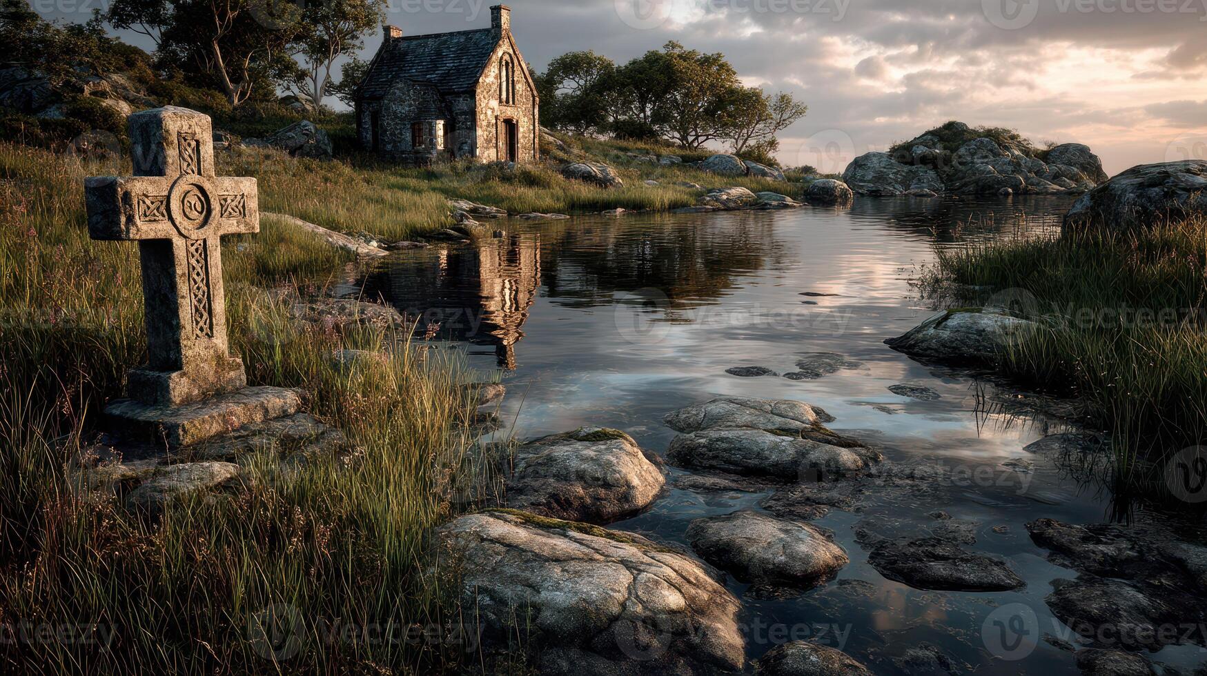 Celtic cross by serene water with a stone cottage at dusk in a tranquil landscape with rocks and grass photo