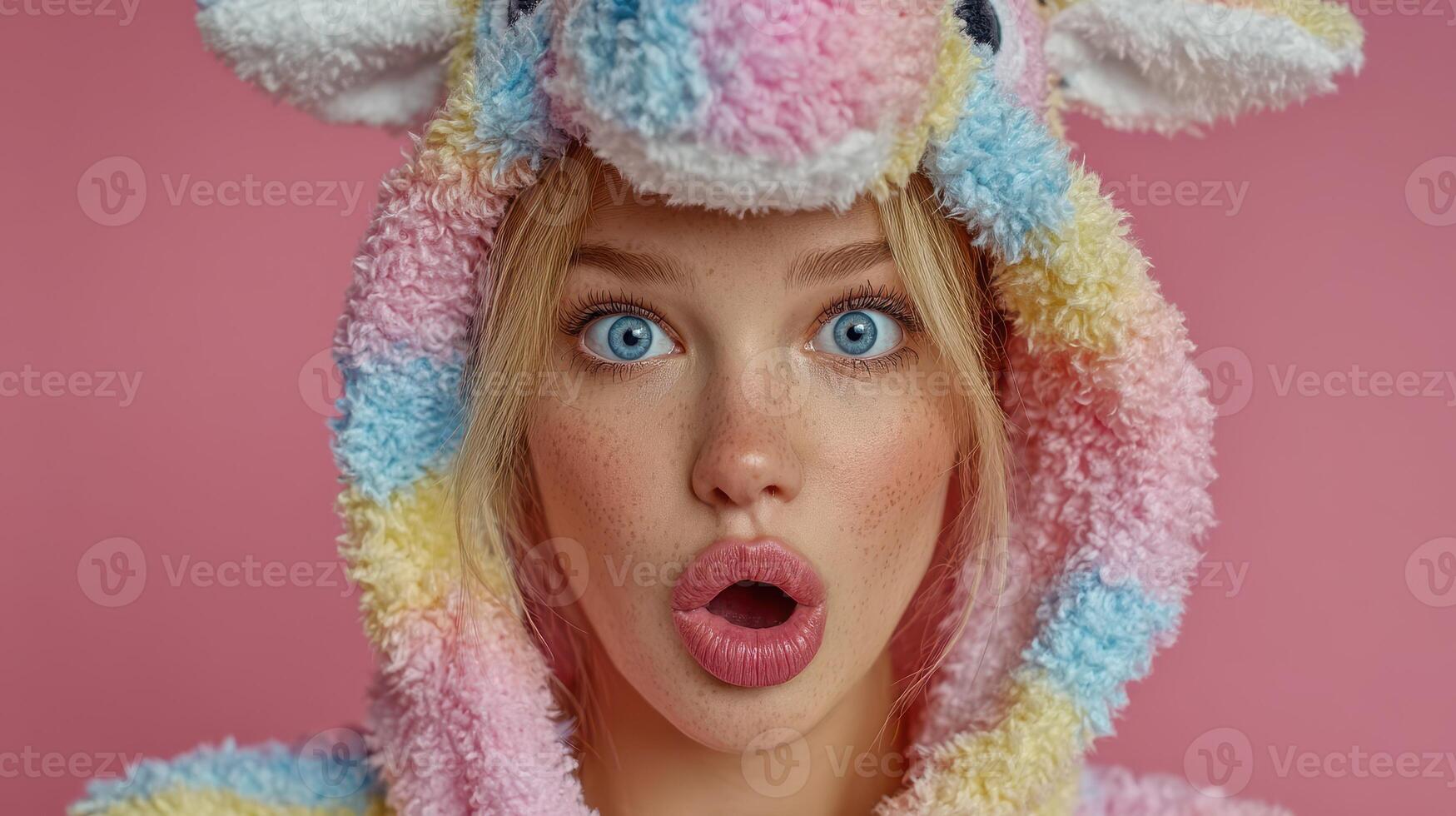 Bright and colorful expression of a young woman in a cozy animal-themed hooded outfit against a pink background photo