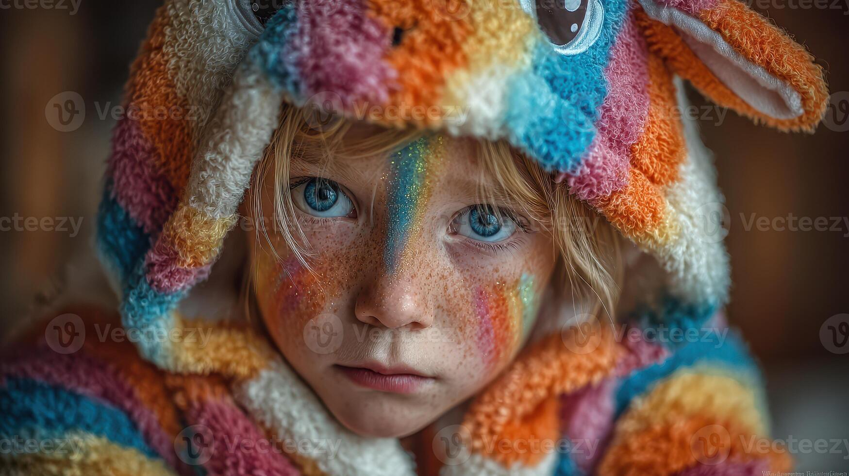 Child in colorful animal hoodie with face paint gazes thoughtfully during a cozy indoor setting photo
