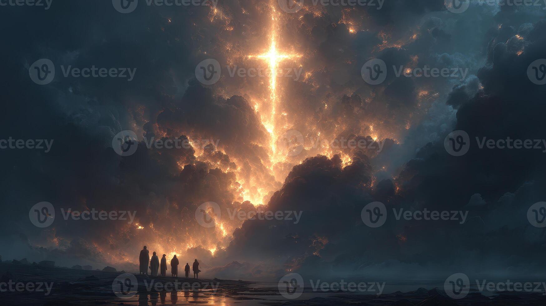 Group of people standing before a glowing cross in a dramatic sky during twilight photo