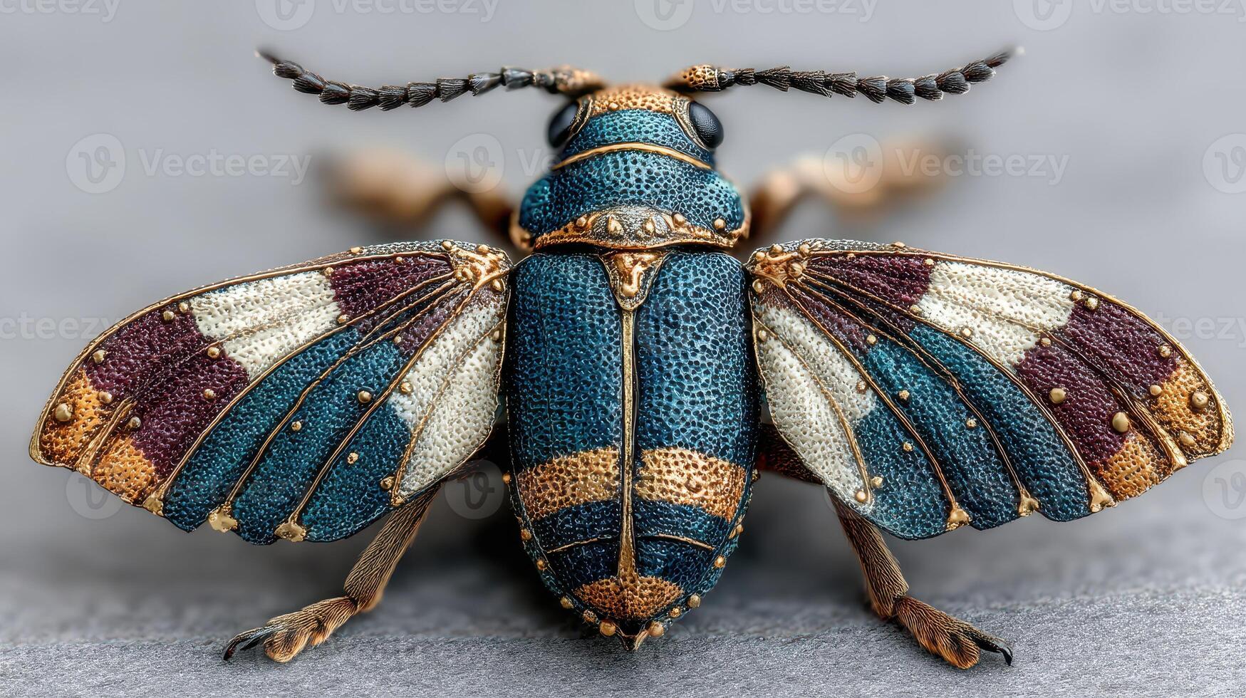 Remarkably detailed close-up of an intricately colored beetle showcasing vibrant patterns and textures in natural light photo