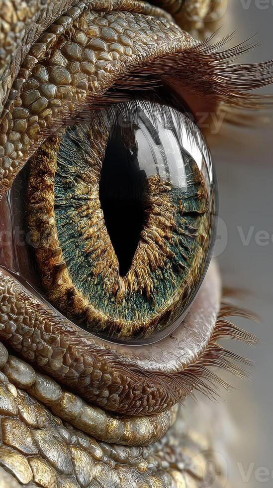 Close-up view of a reptile's eye showcasing intricate textures and colors, captured in detail photo