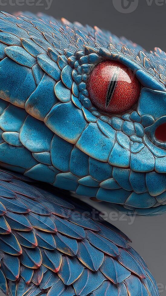 Colorful blue reptile with striking red eyes seen up close against a neutral background photo