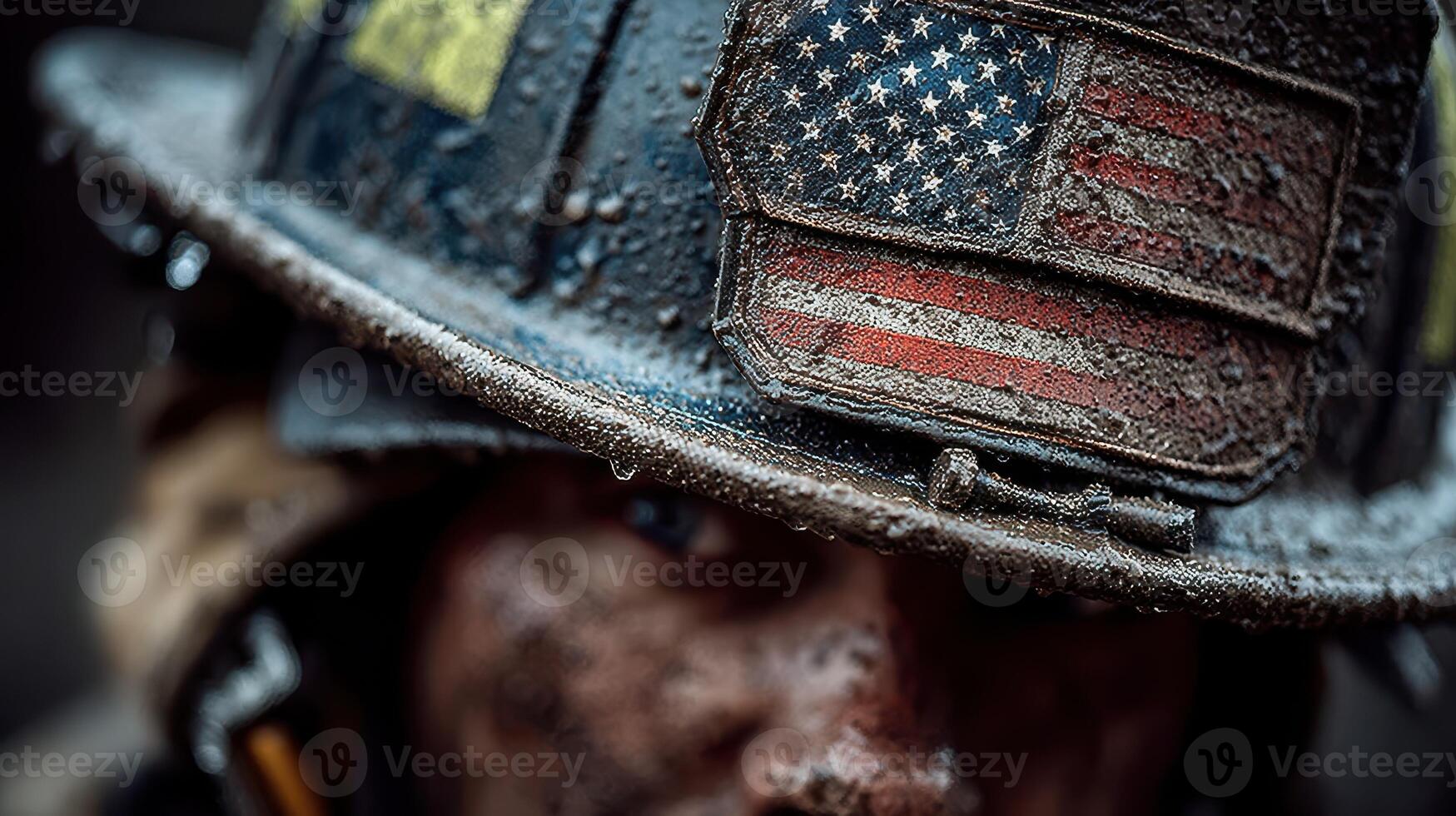 Firefighter with a weathered helmet showing the American flag during a challenging rescue operation at dawn photo