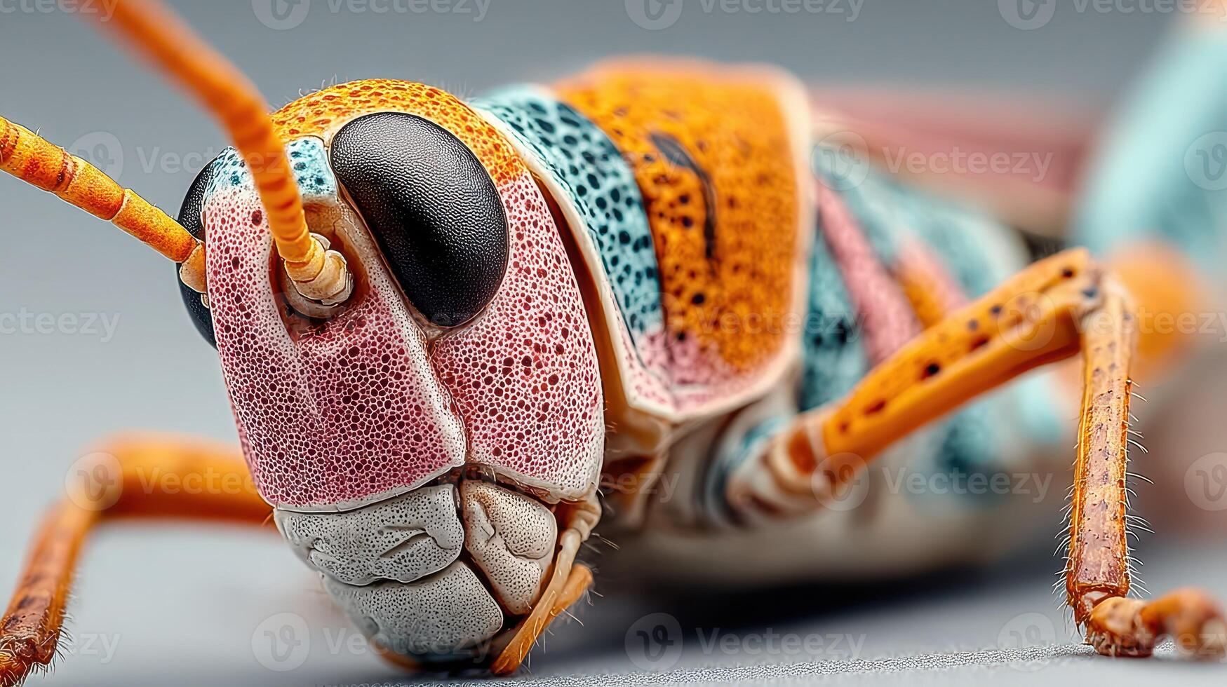 Close-up view of a colorful grasshopper revealing intricate details of its body and eyes in a studio setting during daylight photo