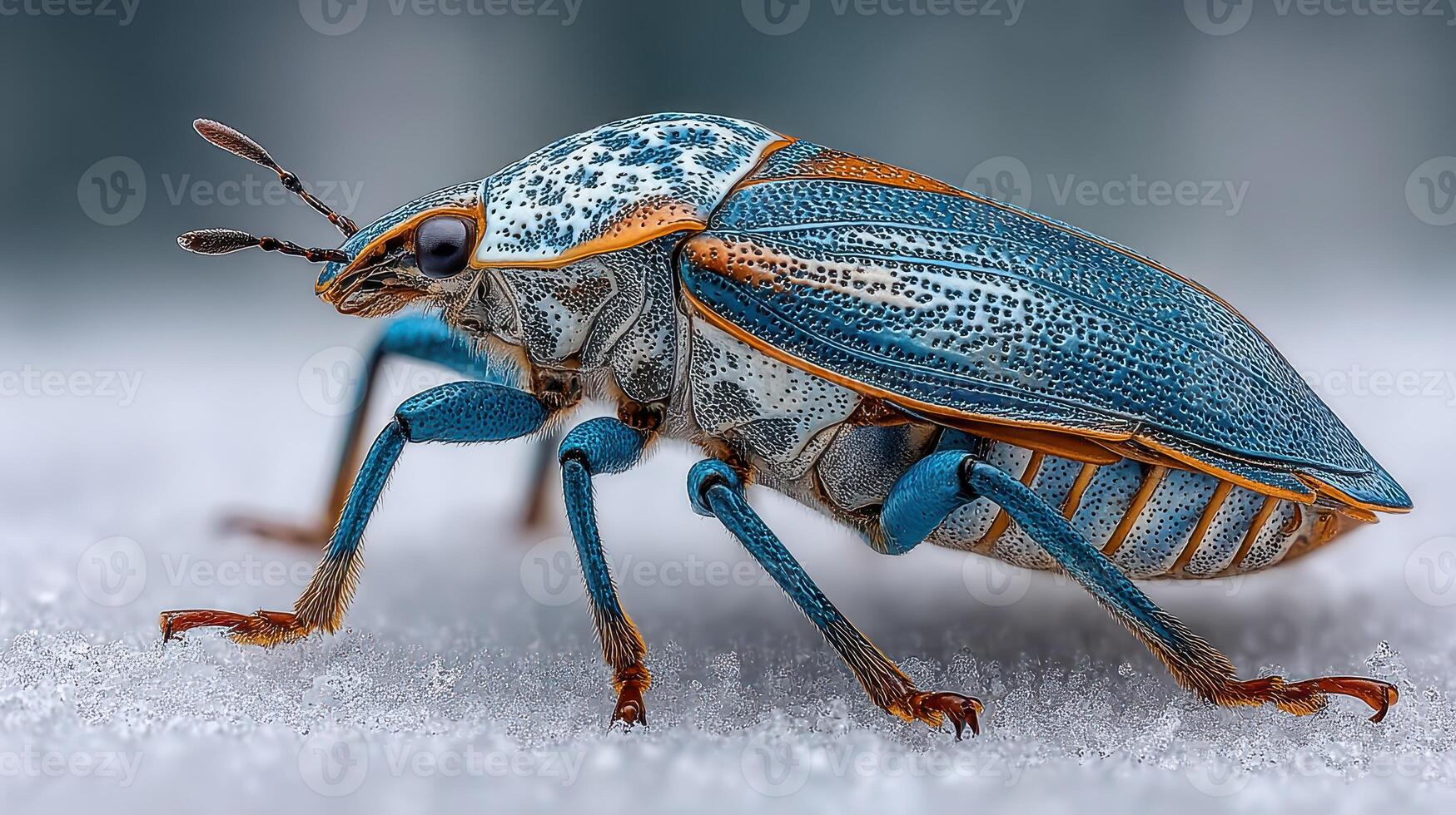 Colorful beetle resting on snow during a cold winter day showcasing its unique blue and orange patterns photo