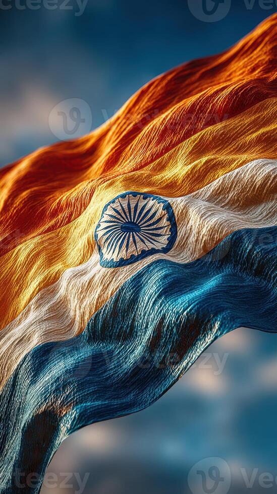 Vibrant waving flag of India against a dramatic sky at sunset highlighting national pride and cultural significance photo
