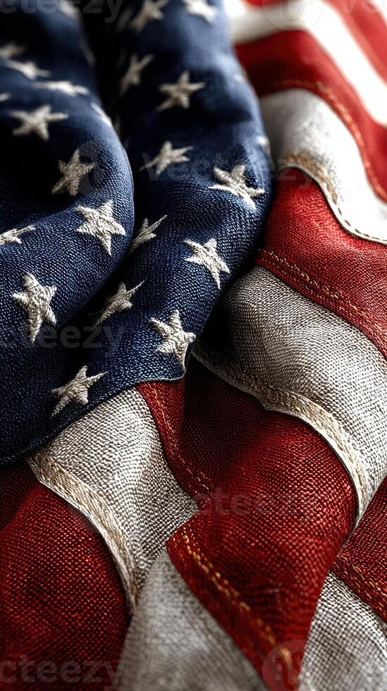 Close-up of an American flag showcasing intricate stitching and vibrant colors with textured fabric elements photo