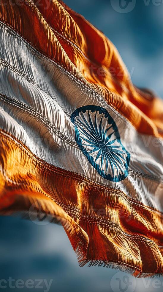 Indian flag waving proudly against a clear blue sky on a sunny day showcasing national pride and identity photo