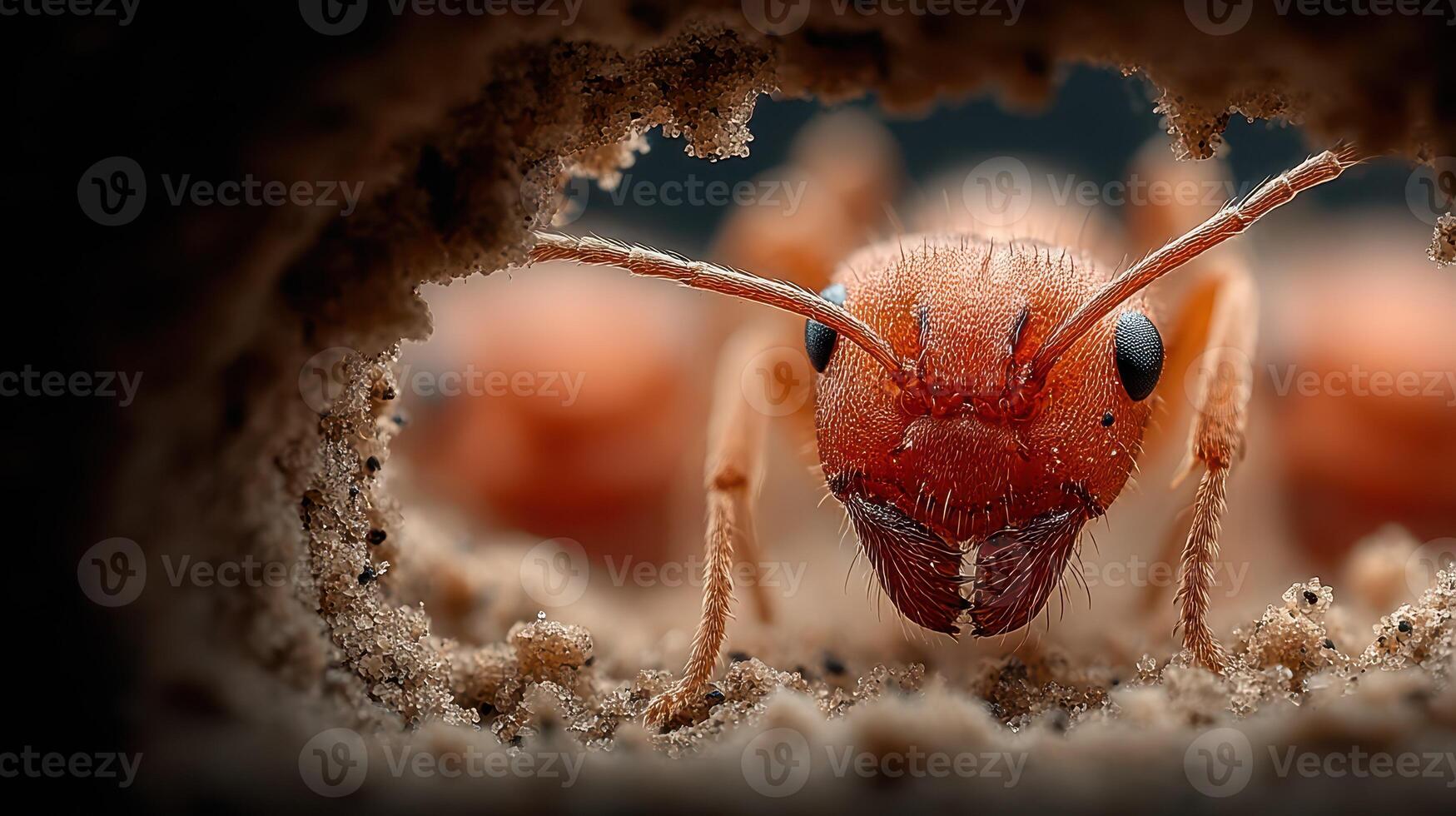 Close-up view of an ant exploring its underground habitat during daylight photo