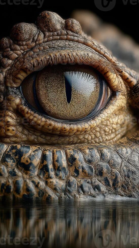 Close-up view of a crocodile's eye reflecting a serene water environment with intricate textures and details captured in perfect clarity photo