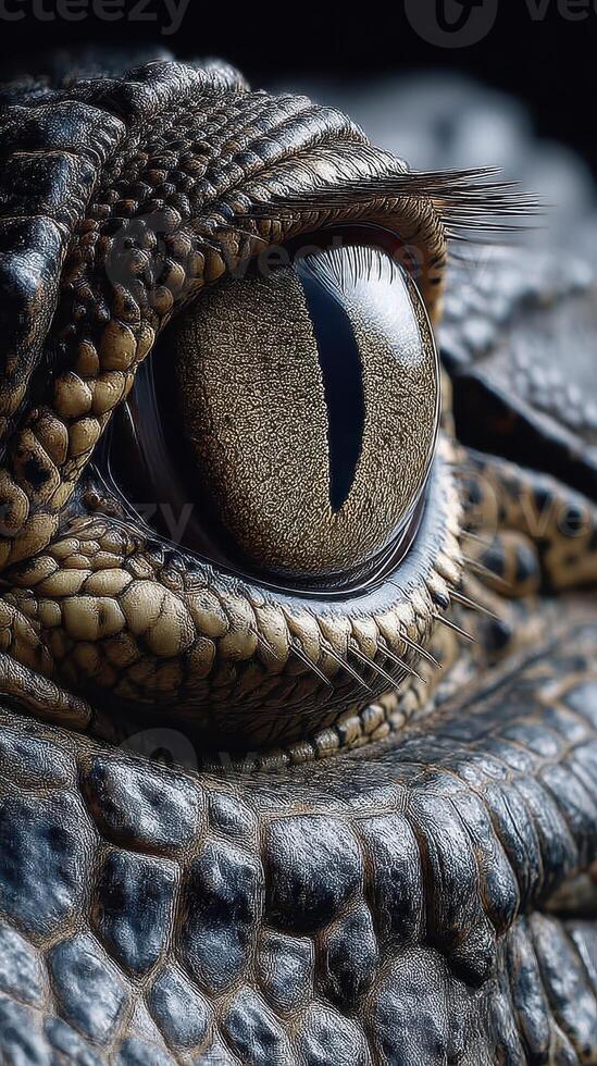 Close-up view of a reptile's eye showcasing intricate textures and patterns during a sunny day in a natural habitat photo