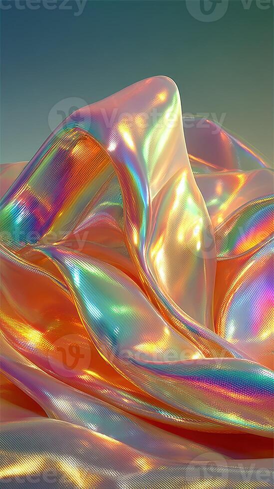 Colorful iridescent fabric draped gracefully on a soft surface showcasing light reflections and textures photo