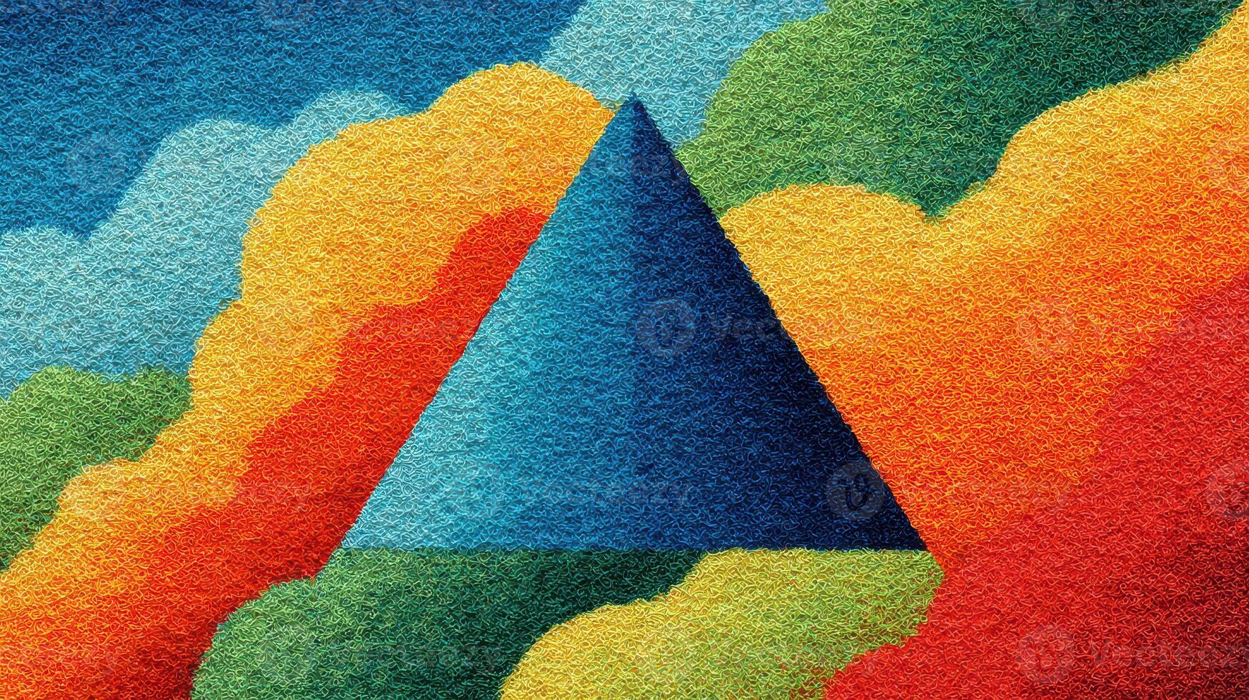 Colorful geometric pyramid surrounded by vibrant clouds in a surreal landscape during daylight hours photo