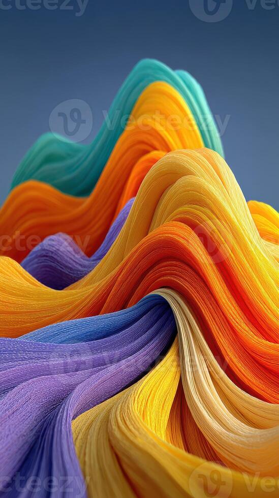 Vibrant strands of colorful material flow together like a captivating landscape of waves and hills photo