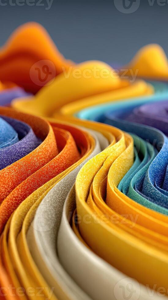 Vibrant layers of colorful materials create an artistic wave effect in a close-up arrangement photo