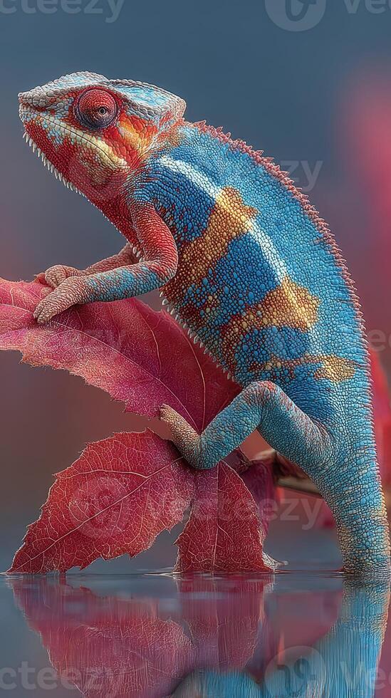 Colorful chameleon perched on a red leaf in a vibrant natural setting during daytime photo