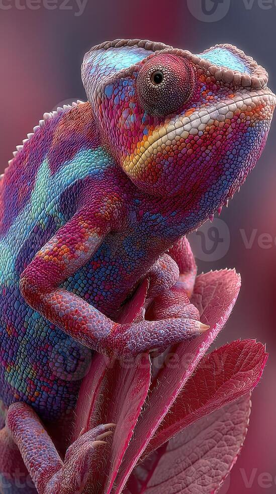Chameleon perched on vibrant pink leaves in a colorful natural environment showcasing detailed skin texture and coloration photo