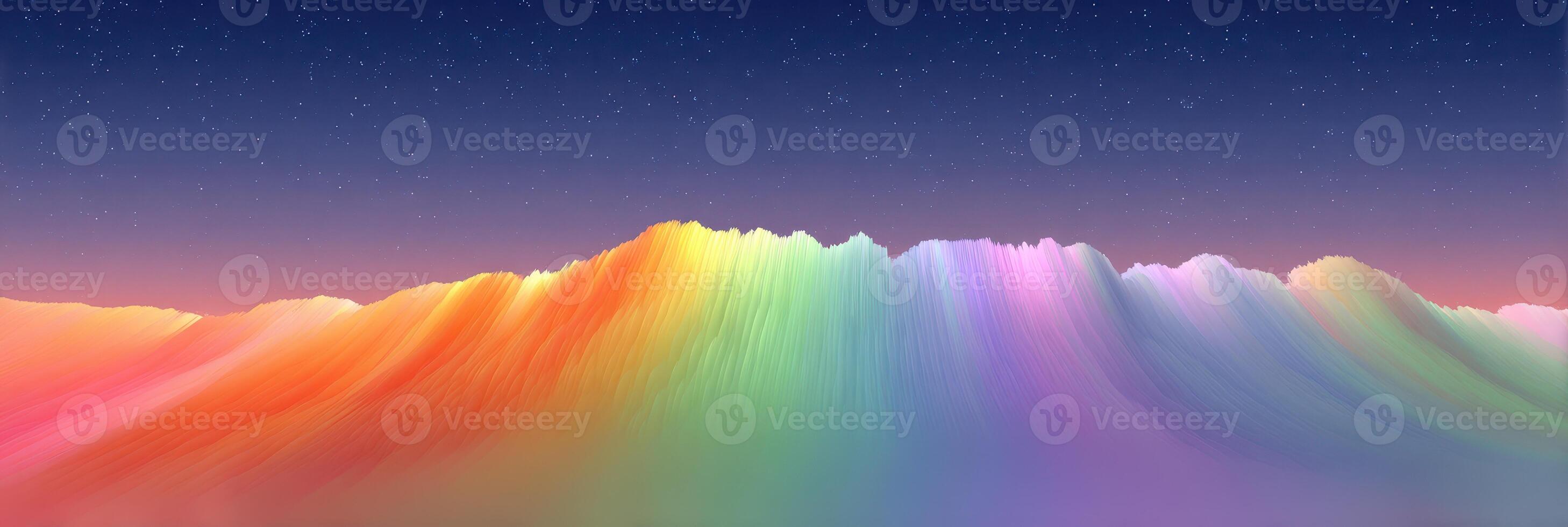 Vibrant rainbow mountain landscape under a starry night sky at dusk photo