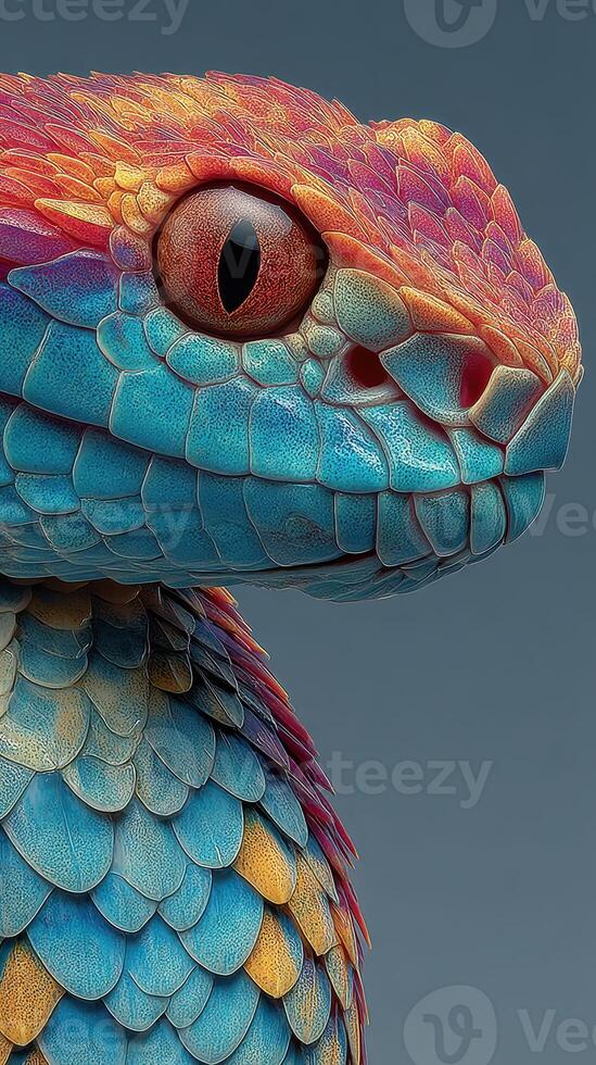 Colorful reptilian creature with vibrant scales posing against a gray backdrop photo