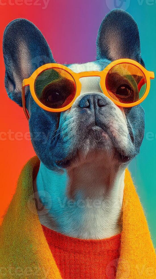 Stylish French Bulldog wearing orange sunglasses and colorful attire in a vibrant setting photo