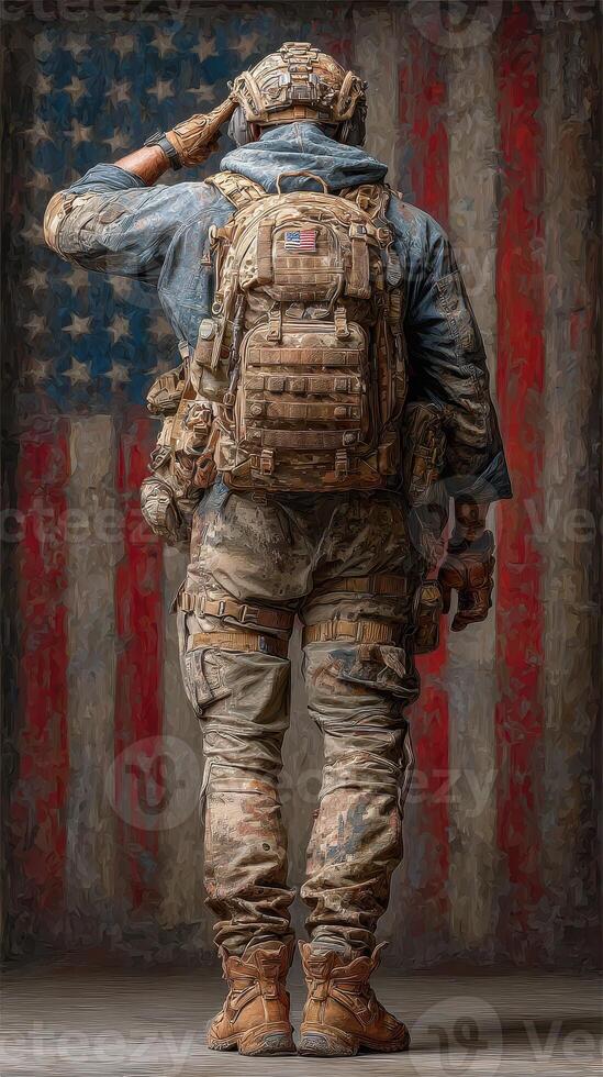 Soldier salutes against a backdrop of the American flag, symbolizing honor and commitment during a solemn moment photo