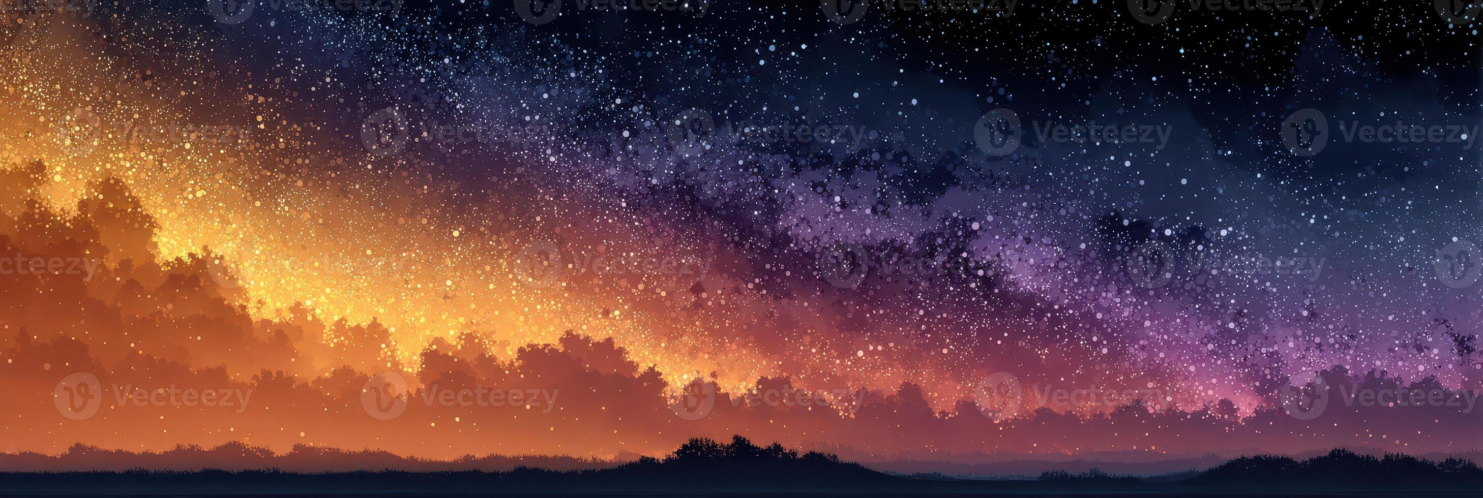 Starlit sky displays vibrant colors over a tranquil landscape at dusk photo