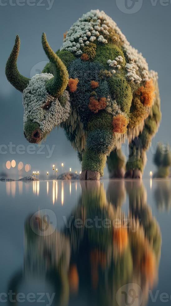 Moss-covered bull stands in a tranquil lake reflecting a serene twilight atmosphere with glowing lights in the background photo