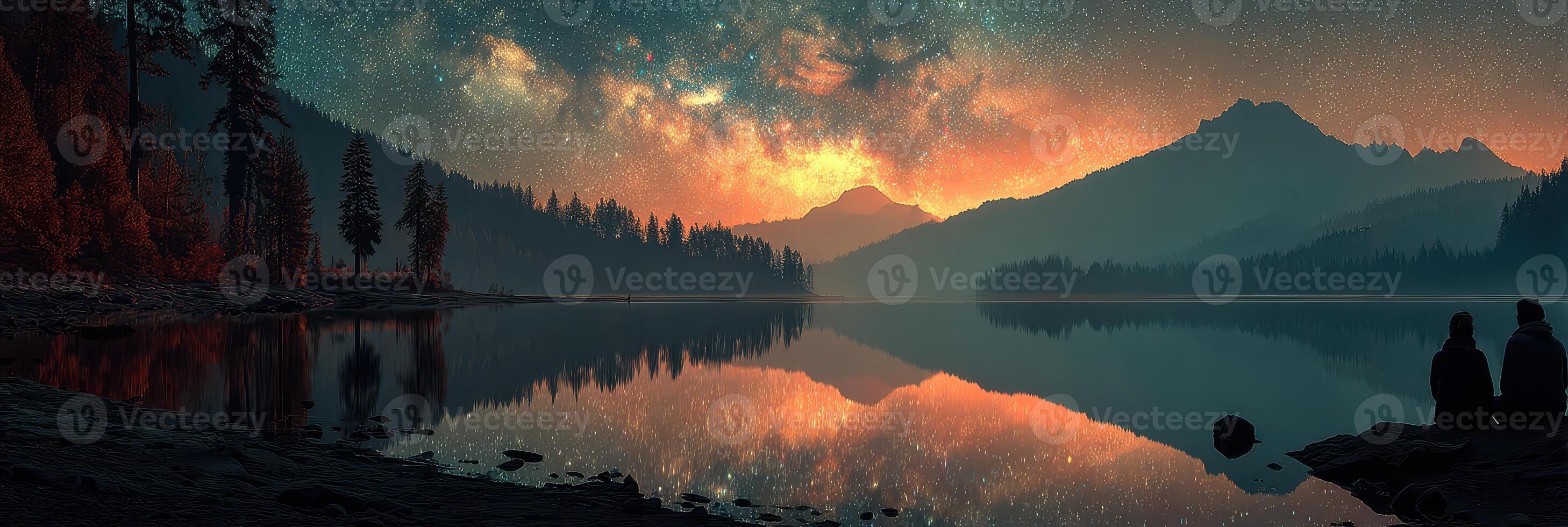 Starry night over a serene lake with silhouetted figures admiring the view of distant mountains photo