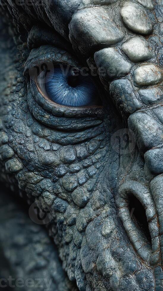 Detailed close-up of a reptilian creature showcasing intricate scales and striking blue eye, demonstrating vivid texture and depth photo