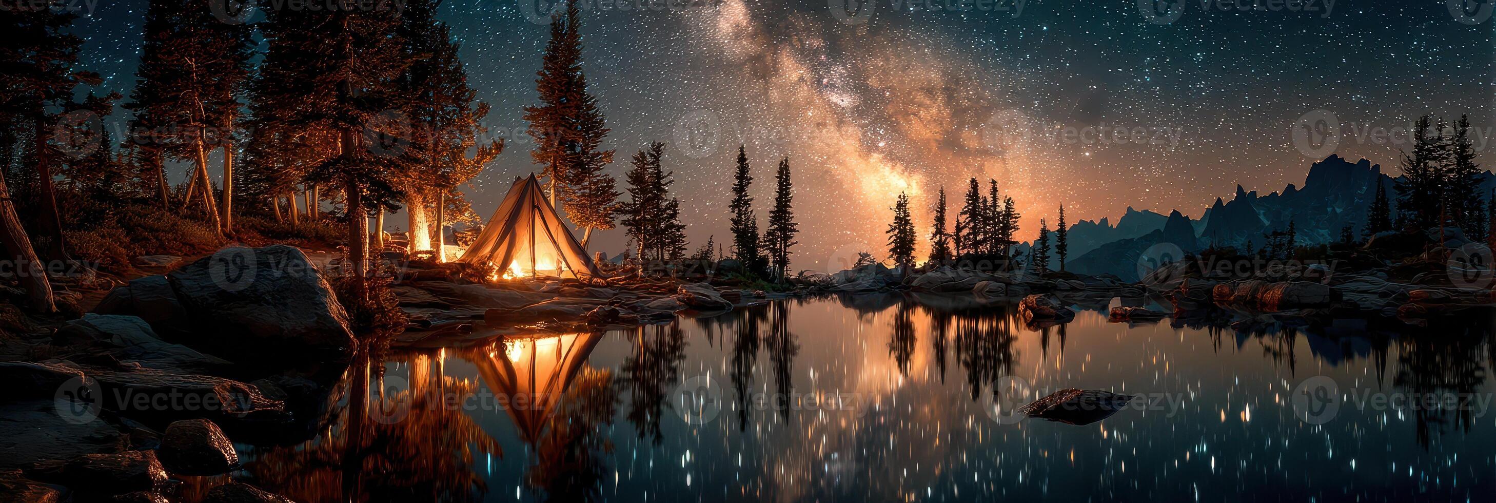 Night camping by a serene lake under a brilliant starry sky with a stunning view of the Milky Way photo