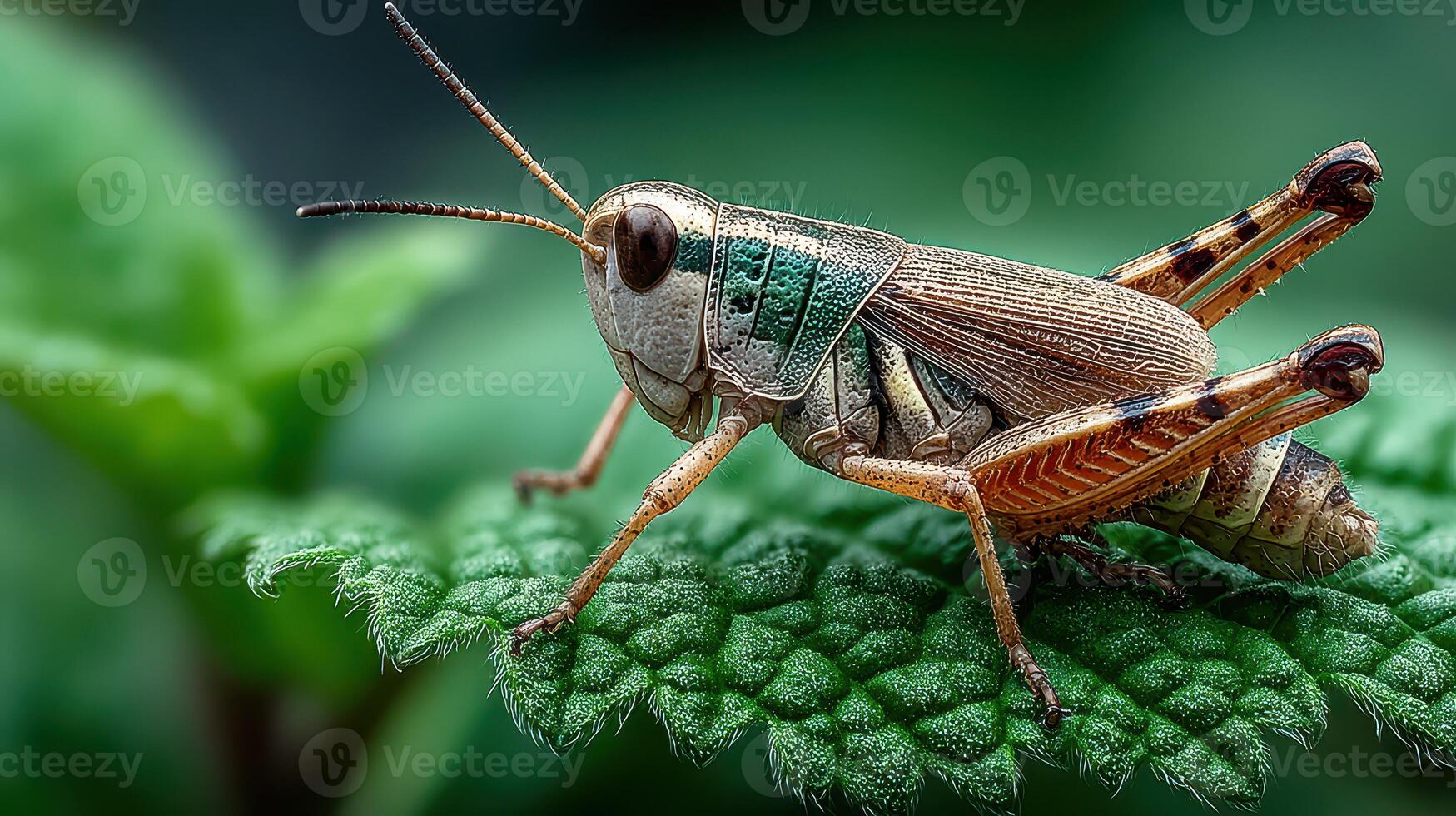 Close-up view of a grasshopper resting on a green leaf in a lush garden during daytime photo