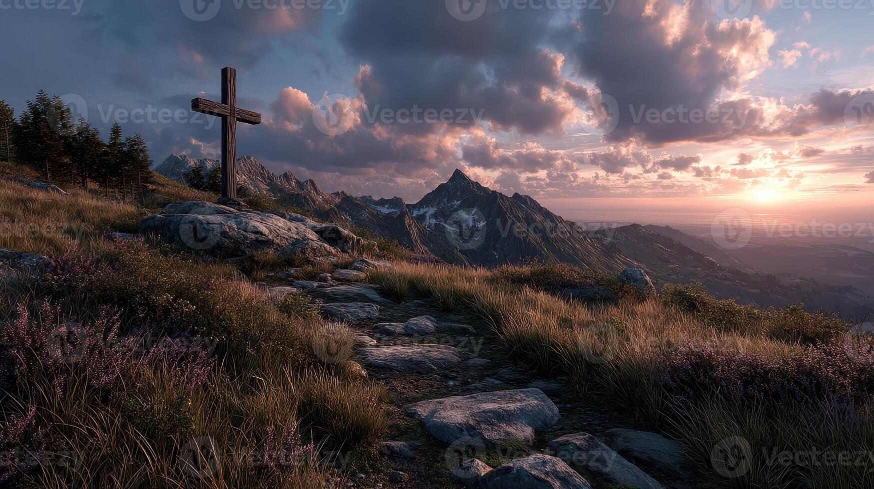 Sunset view of a rocky pathway leading to a cross on a mountain in the wilderness photo